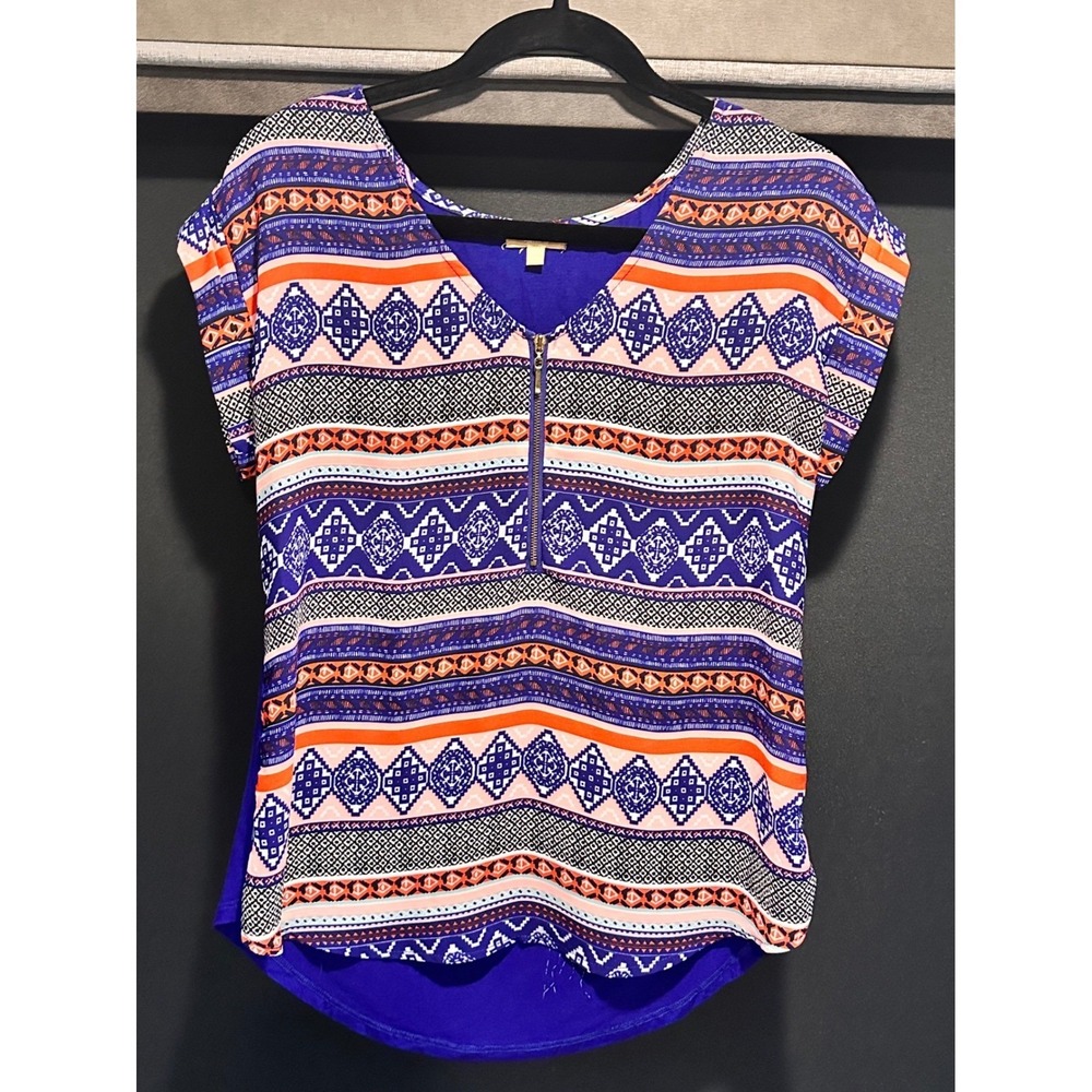 Takara Womens Small Blue Geometric Print‎ Lace Shoulder Zipper Top